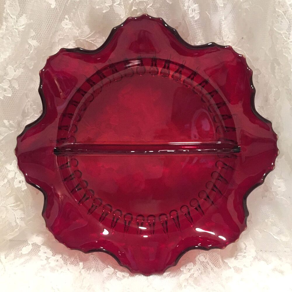 Vintage Ruby Red Divided Candy Dish Christmas Holiday Appetizer Plate 8"